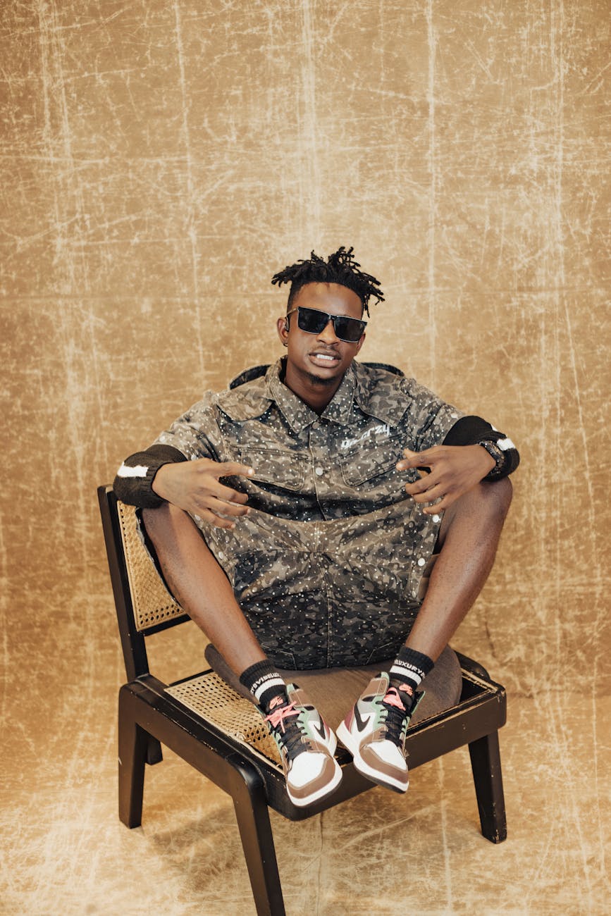Model in stylish camo shirt and sunglasses